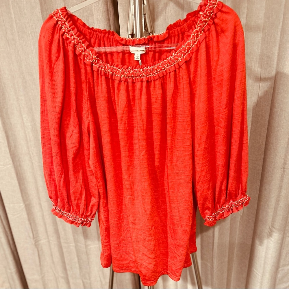 Max Studio Red Peasant Blouse with Smocked Neck and Sleeves